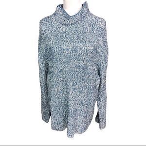 Caslon Sweater Tunic Shaker Funnel Neck Blue Ivory Knit Bell Sleeves Medium